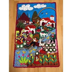Boho Arpillera Wall Hanging from Peru 3D Village Embroidered Textile Art 20"x30"